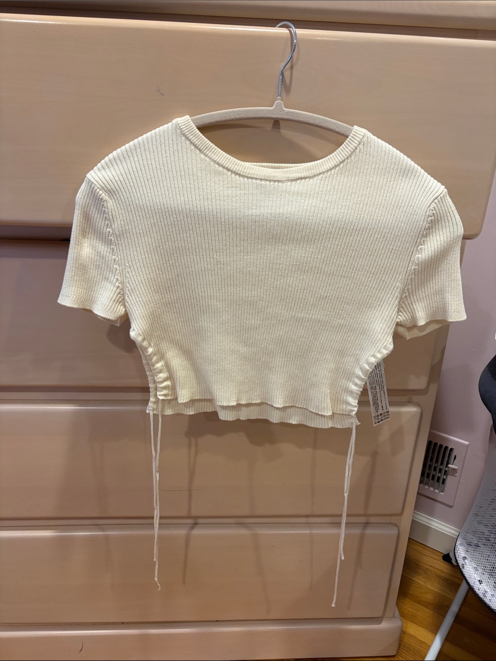 Cream Ribbed Drawstring Crop Top